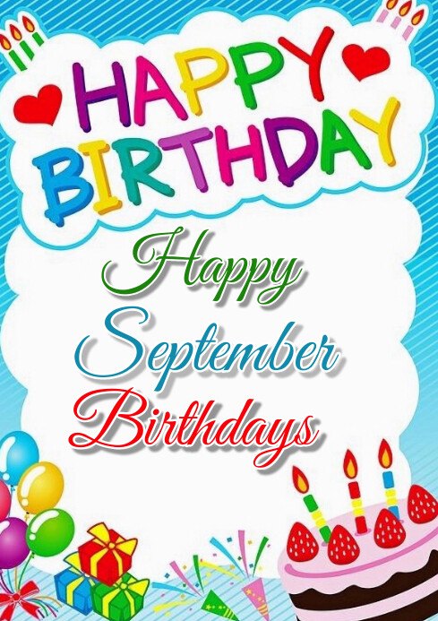 Happy September Birthdays greeting with cake, balloons and gifts