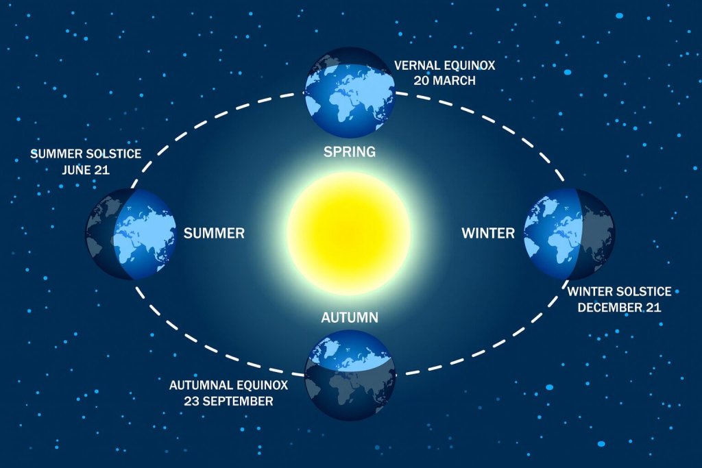 Diagram of Earth's orbit marking the equinoxes and solstices in the Northern Hemisphere