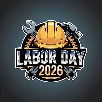 Labor Day 2026 emblem with hard hat and tools