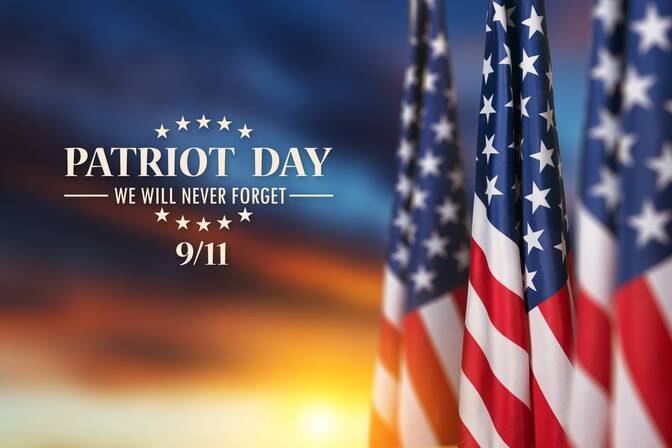 Patriot Day remembrance graphic with American flags at sunset