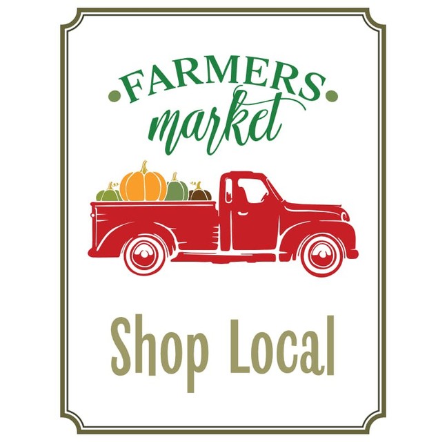 Farmers Market Shop Local sign with a red truck carrying pumpkins
