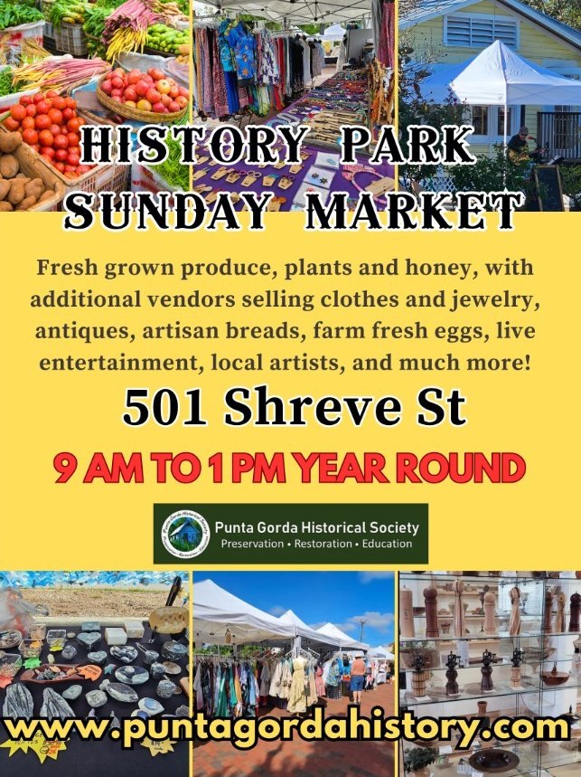 History Park Sunday Market flyer showing produce, crafts and vendor booths