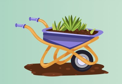Illustration of a wheelbarrow of plants with a garden hose