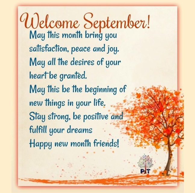 Welcome September quote card with an autumn tree illustration