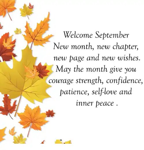 Welcome September quote card framed with autumn maple leaves